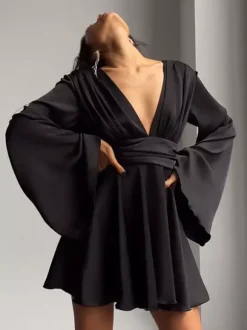 Satin Skater Dress Deep V-neck Long Bell Sleeve Pleated Spring Sexy Mini Swing Dress For Women 2026
