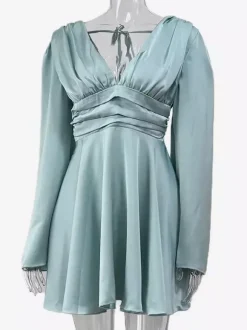 Satin Skater Dress Deep V-neck Long Bell Sleeve Pleated Spring Sexy Mini Swing Dress For Women 2026
