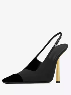 Satin Slingback Pumps Black Square Toe Stiletto Heel Pumps