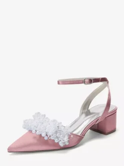 Satin Wedding Shoes Chunky Heel Pearls Ankle Strap Bridal Shoes