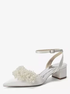 Satin Wedding Shoes Chunky Heel Pearls Ankle Strap Bridal Shoes