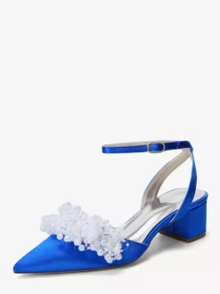 Satin Wedding Shoes Chunky Heel Pearls Ankle Strap Bridal Shoes