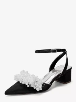 Satin Wedding Shoes Chunky Heel Pearls Ankle Strap Bridal Shoes