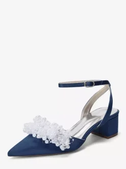 Satin Wedding Shoes Chunky Heel Pearls Ankle Strap Bridal Shoes