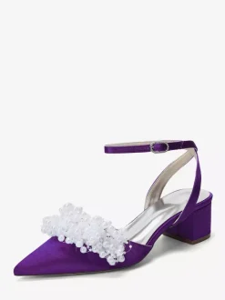 Satin Wedding Shoes Chunky Heel Pearls Ankle Strap Bridal Shoes