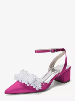Satin Wedding Shoes Chunky Heel Pearls Ankle Strap Bridal Shoes