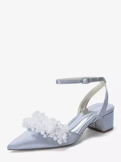Satin Wedding Shoes Chunky Heel Pearls Ankle Strap Bridal Shoes