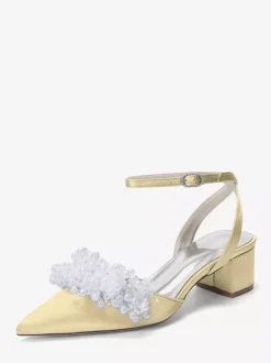Satin Wedding Shoes Chunky Heel Pearls Ankle Strap Bridal Shoes