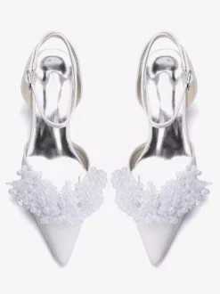 Satin Wedding Shoes Chunky Heel Pearls Ankle Strap Bridal Shoes