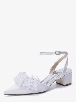 Satin Wedding Shoes Chunky Heel Pearls Ankle Strap Bridal Shoes