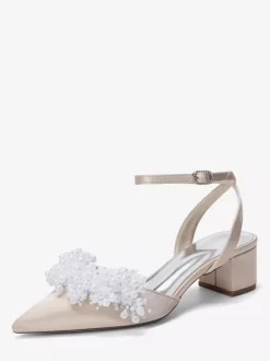 Satin Wedding Shoes Chunky Heel Pearls Ankle Strap Bridal Shoes