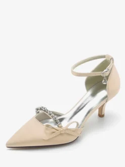 Satin Wedding Shoes Pointed Toe Rhinestones Bow Bridal Pumps