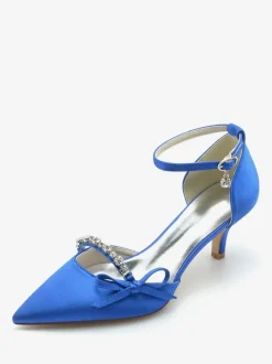 Satin Wedding Shoes Pointed Toe Rhinestones Bow Bridal Pumps
