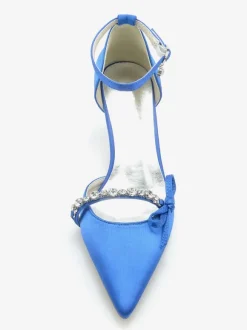 Satin Wedding Shoes Pointed Toe Rhinestones Bow Bridal Pumps