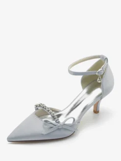 Satin Wedding Shoes Pointed Toe Rhinestones Bow Bridal Pumps