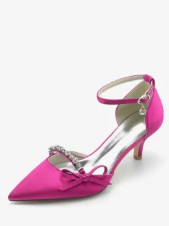 Satin Wedding Shoes Pointed Toe Rhinestones Bow Bridal Pumps
