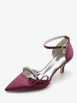 Satin Wedding Shoes Pointed Toe Rhinestones Bow Bridal Pumps