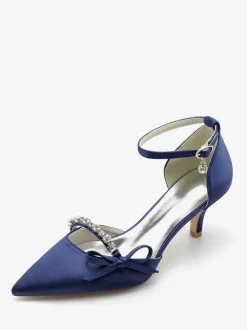 Satin Wedding Shoes Pointed Toe Rhinestones Bow Bridal Pumps