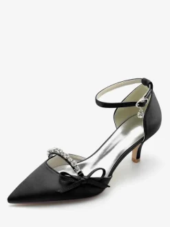 Satin Wedding Shoes Pointed Toe Rhinestones Bow Bridal Pumps