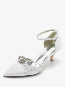 Satin Wedding Shoes Pointed Toe Rhinestones Bow Bridal Pumps