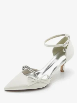 Satin Wedding Shoes Pointed Toe Rhinestones Bow Bridal Pumps