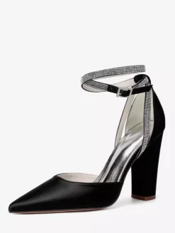 Satin Wedding Shoes Pointed Toe Rhinestones Ankle Strap Bridal Shoes