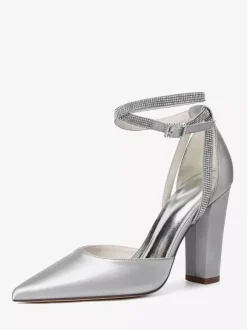 Satin Wedding Shoes Pointed Toe Rhinestones Ankle Strap Bridal Shoes