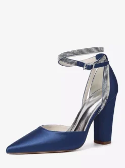 Satin Wedding Shoes Pointed Toe Rhinestones Ankle Strap Bridal Shoes