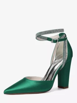 Satin Wedding Shoes Pointed Toe Rhinestones Ankle Strap Bridal Shoes