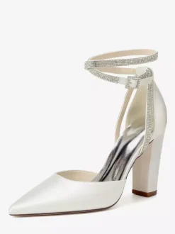 Satin Wedding Shoes Pointed Toe Rhinestones Ankle Strap Bridal Shoes