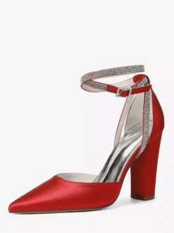 Satin Wedding Shoes Pointed Toe Rhinestones Ankle Strap Bridal Shoes