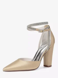 Satin Wedding Shoes Pointed Toe Rhinestones Ankle Strap Bridal Shoes