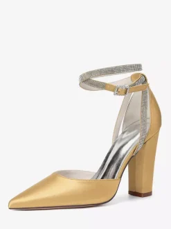 Satin Wedding Shoes Pointed Toe Rhinestones Ankle Strap Bridal Shoes