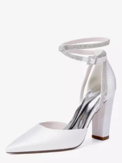 Satin Wedding Shoes Pointed Toe Rhinestones Ankle Strap Bridal Shoes