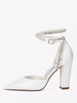 Satin Wedding Shoes Pointed Toe Rhinestones Ankle Strap Bridal Shoes