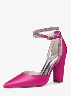 Satin Wedding Shoes Pointed Toe Rhinestones Ankle Strap Bridal Shoes