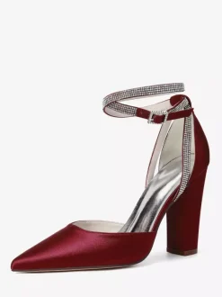 Satin Wedding Shoes Pointed Toe Rhinestones Ankle Strap Bridal Shoes