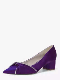 Satin Wedding Shoes Pointed Toe Rhinestones Knotted Chunky Heel Slip On Pumps