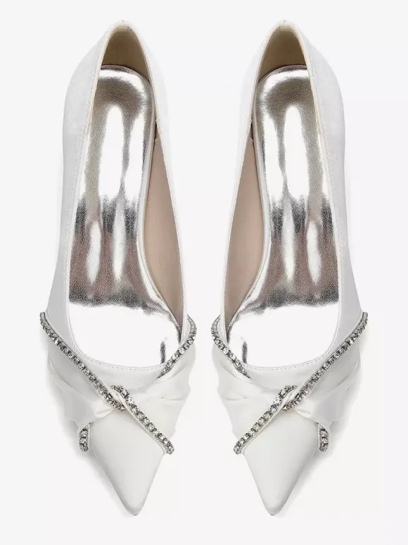 Satin Wedding Shoes Pointed Toe Rhinestones Knotted Chunky Heel Slip On Pumps