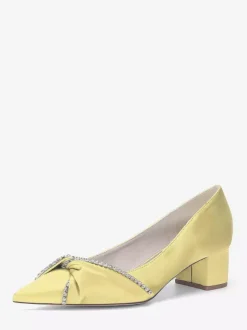 Satin Wedding Shoes Pointed Toe Rhinestones Knotted Chunky Heel Slip On Pumps