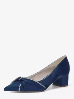 Satin Wedding Shoes Pointed Toe Rhinestones Knotted Chunky Heel Slip On Pumps