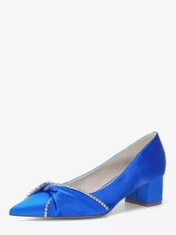 Satin Wedding Shoes Pointed Toe Rhinestones Knotted Chunky Heel Slip On Pumps