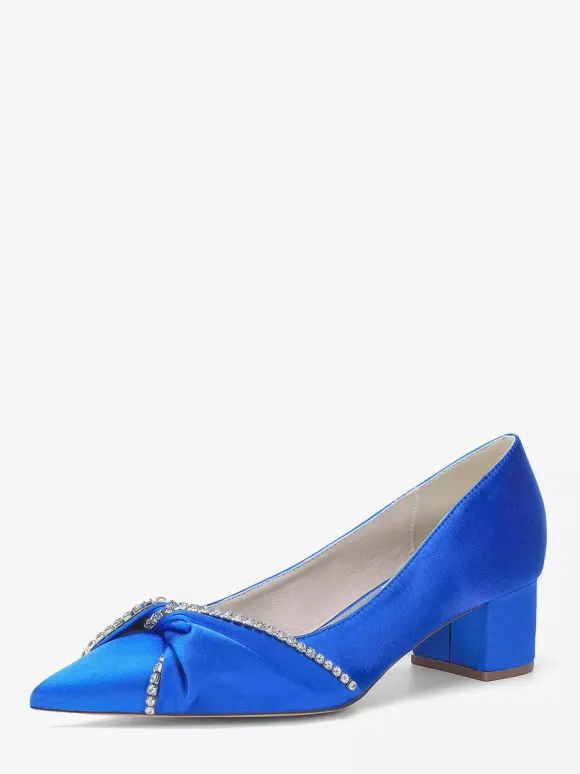 Satin Wedding Shoes Pointed Toe Rhinestones Knotted Chunky Heel Slip On Pumps