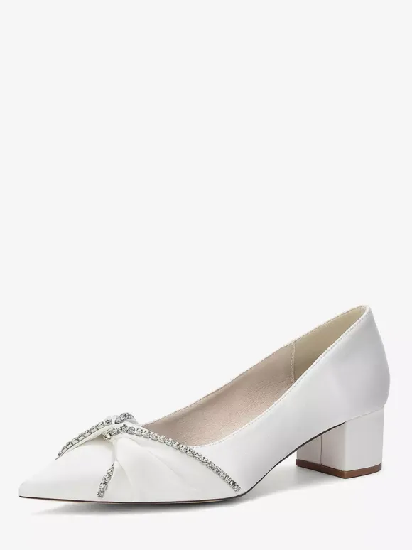 Satin Wedding Shoes Pointed Toe Rhinestones Knotted Chunky Heel Slip On Pumps