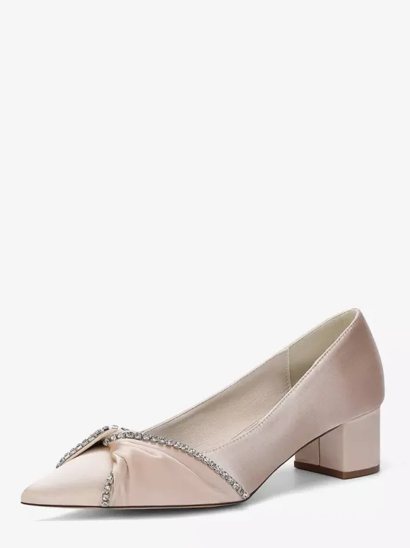Satin Wedding Shoes Pointed Toe Rhinestones Knotted Chunky Heel Slip On Pumps