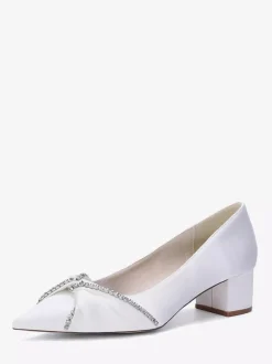Satin Wedding Shoes Pointed Toe Rhinestones Knotted Chunky Heel Slip On Pumps