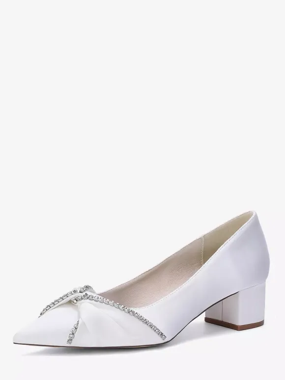 Satin Wedding Shoes Pointed Toe Rhinestones Knotted Chunky Heel Slip On Pumps