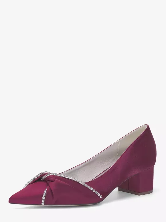 Satin Wedding Shoes Pointed Toe Rhinestones Knotted Chunky Heel Slip On Pumps