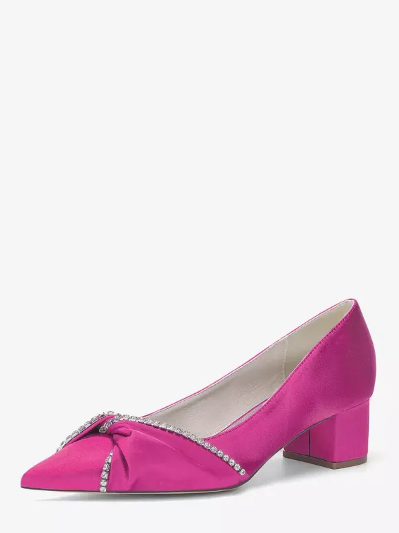 Satin Wedding Shoes Pointed Toe Rhinestones Knotted Chunky Heel Slip On Pumps