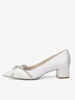 Satin Wedding Shoes Pointed Toe Rhinestones Knotted Chunky Heel Slip On Pumps